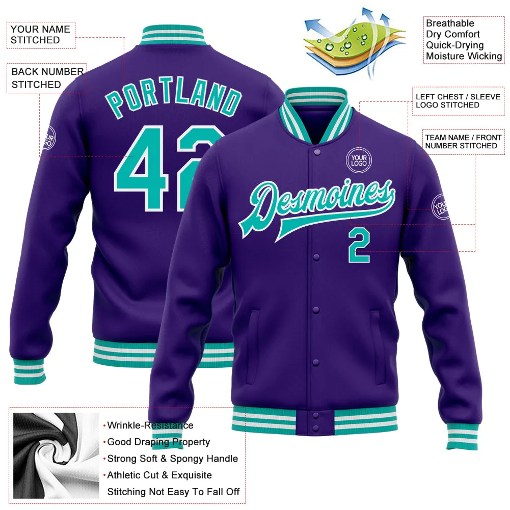 Custom Purple Aqua-White Bomber Full-Snap Varsity Letterman Jacket