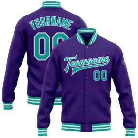 Custom Purple Aqua-White Bomber Full-Snap Varsity Letterman Jacket