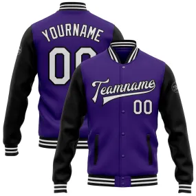 Custom Purple White-Black Bomber Full-Snap Varsity Letterman Two Tone Jacket