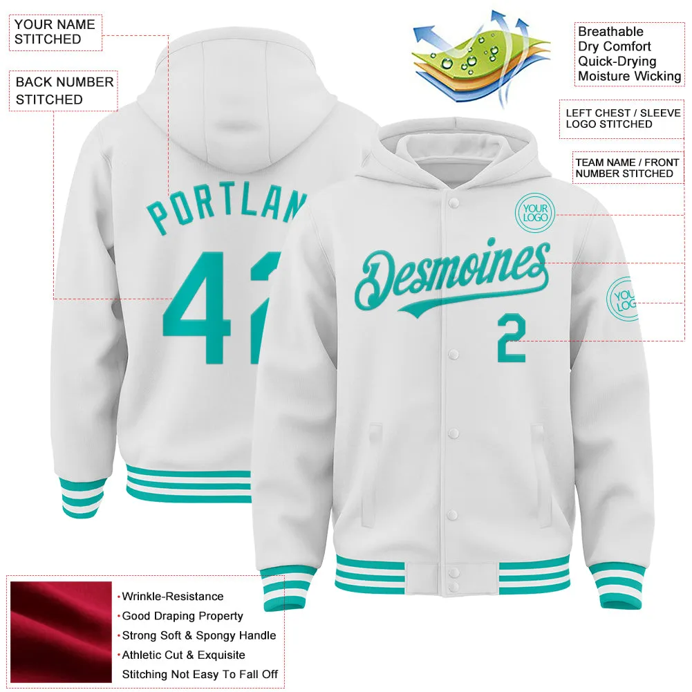 Custom White Aqua Bomber Full-Snap Varsity Letterman Hoodie Jacket