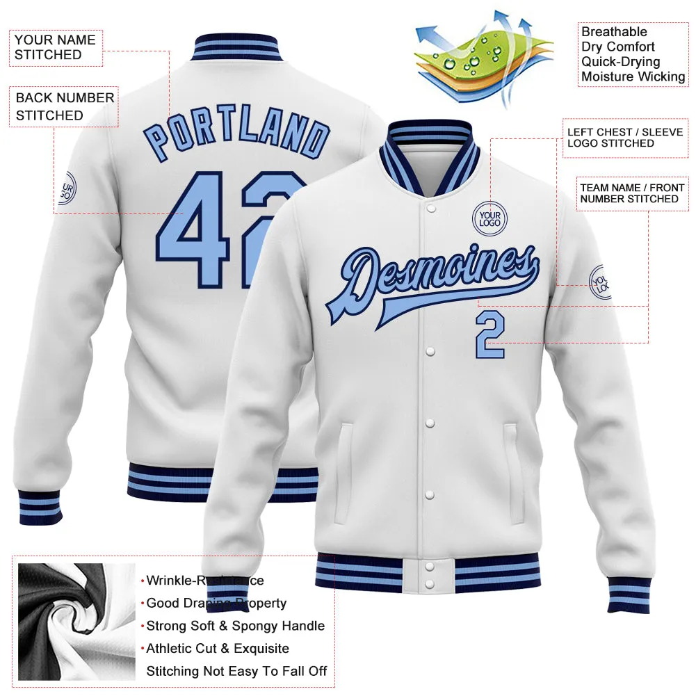 Custom White Light Blue-Navy Bomber Full-Snap Varsity Letterman Jacket