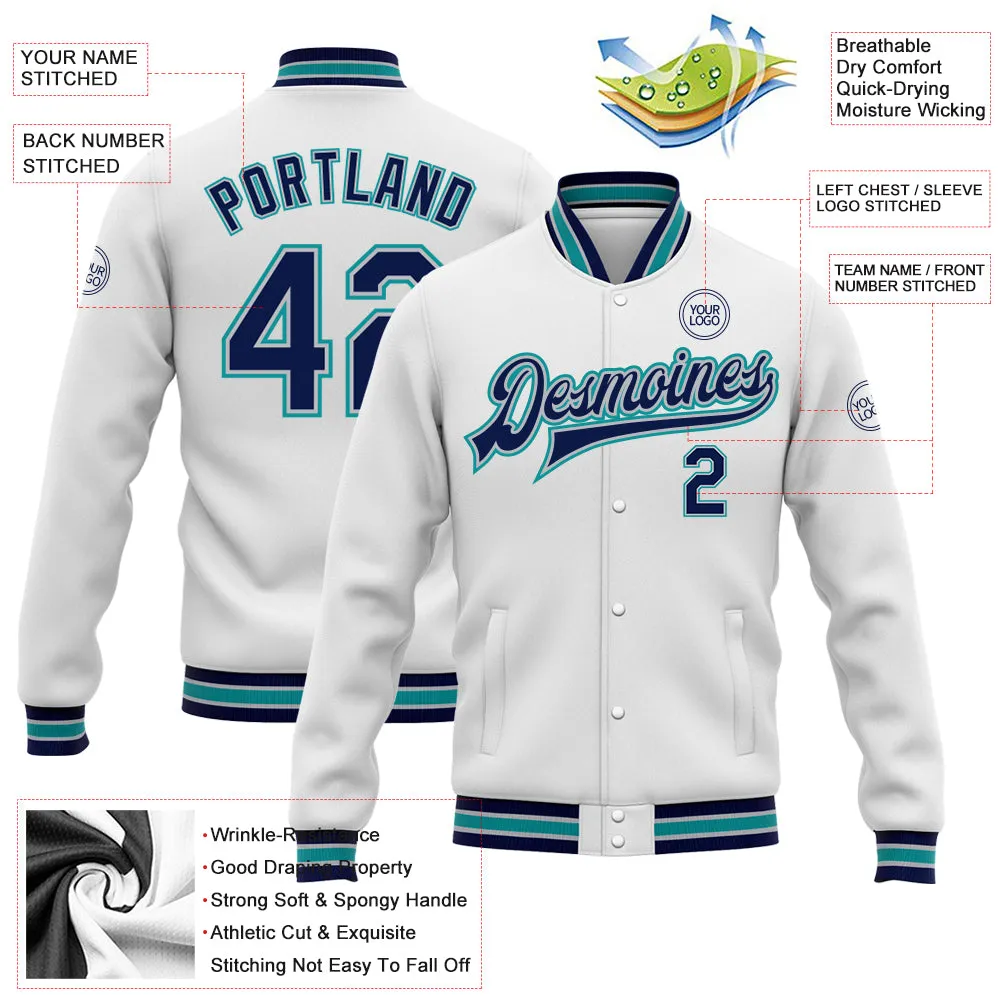 Custom White Navy Gray-Teal Bomber Full-Snap Varsity Letterman Jacket