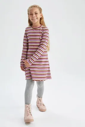 Defacto Girl's Purple Striped Long Sleeve Ribbed Camisole Dress