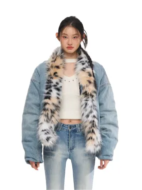 Denim Leopard-Print Fur Collar Jacket