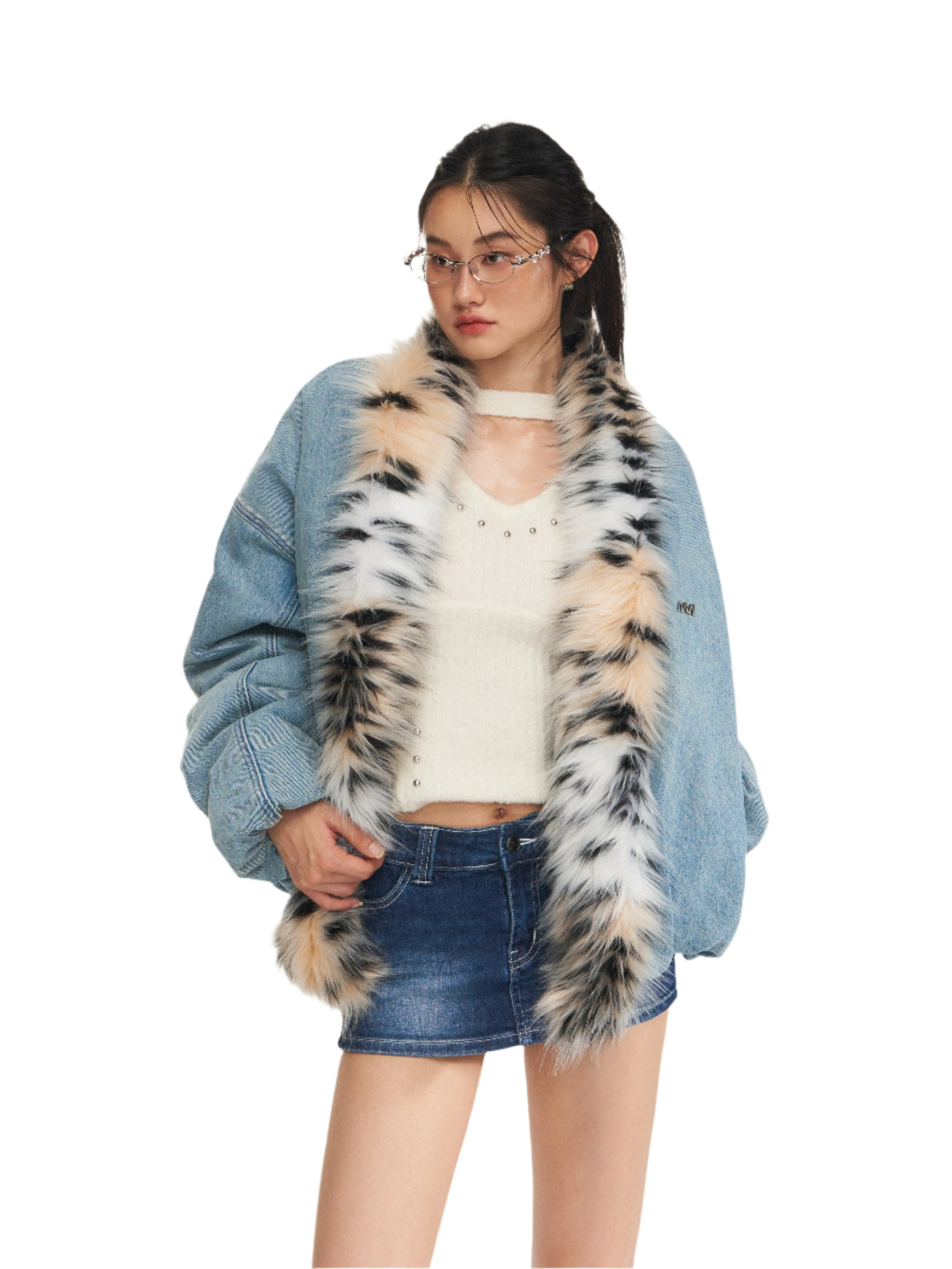 Denim Leopard-Print Fur Collar Jacket