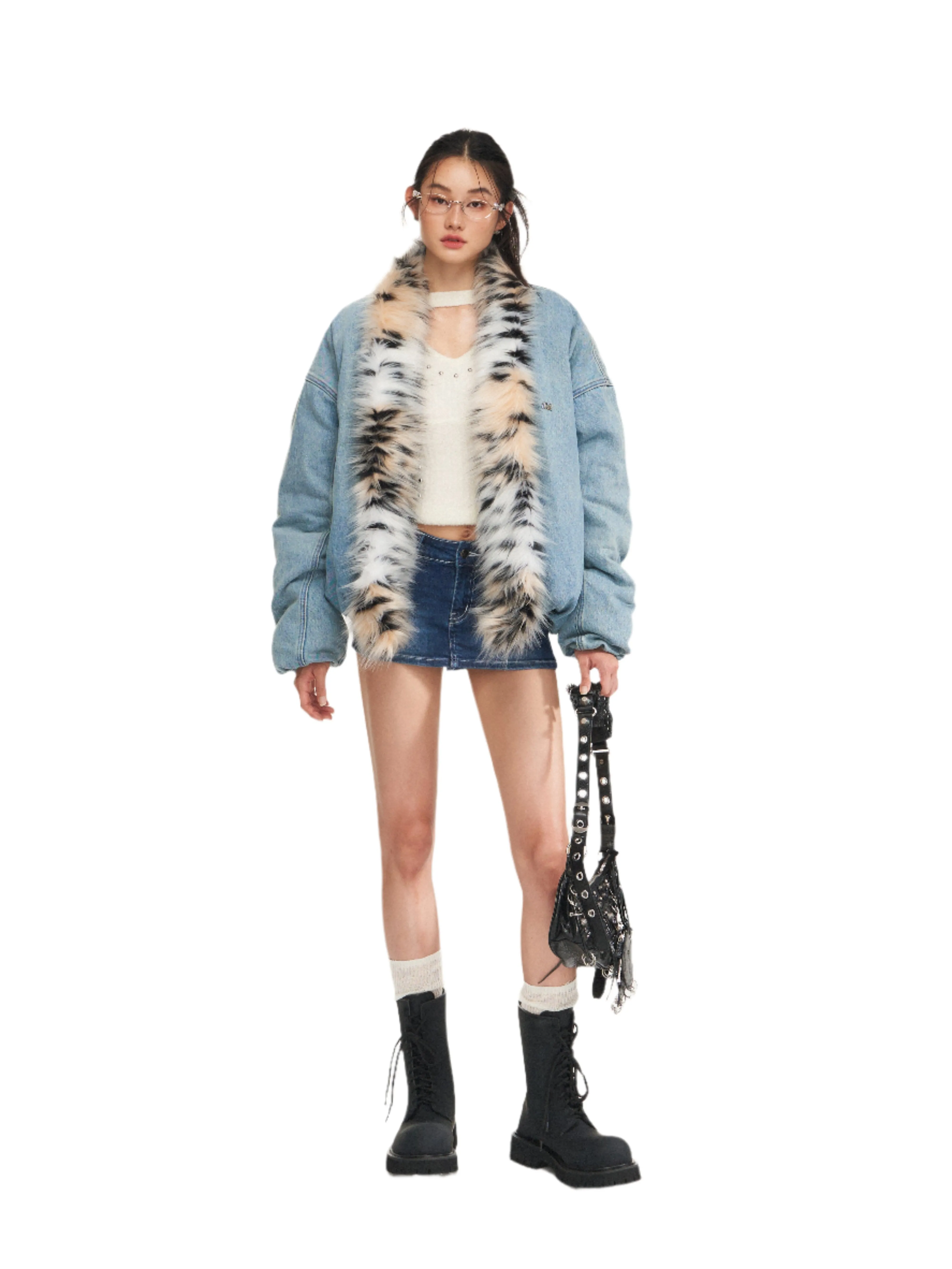 Denim Leopard-Print Fur Collar Jacket