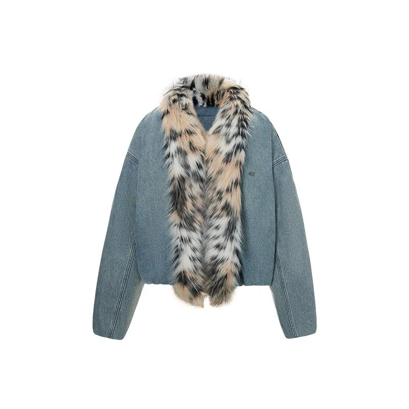 Denim Leopard-Print Fur Collar Jacket