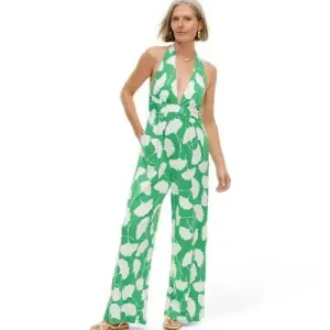 Diane von Furstenberg Women's Halter Jumpsuit Deep V-Neck, Ginkgo Green