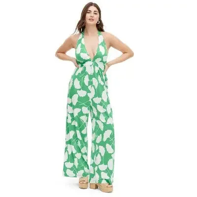 Diane von Furstenberg Women's Halter Jumpsuit Deep V-Neck, Ginkgo Green