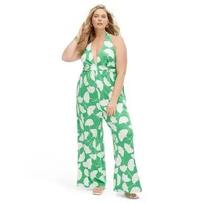 Diane von Furstenberg Women's Halter Jumpsuit Deep V-Neck, Ginkgo Green