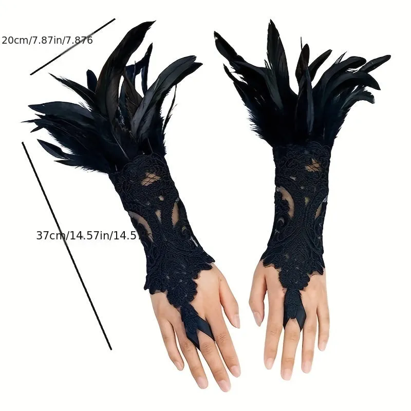 Elegant Lace Gloves with Faux Feather Detail for Special Events