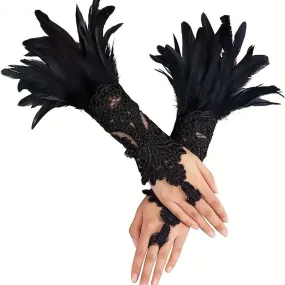 Elegant Lace Gloves with Faux Feather Detail for Special Events