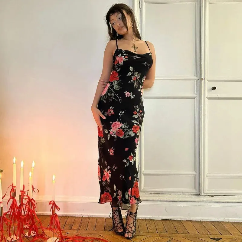 Elegant Summer Slim Sleeveless Backless Long Floral Dress for Women