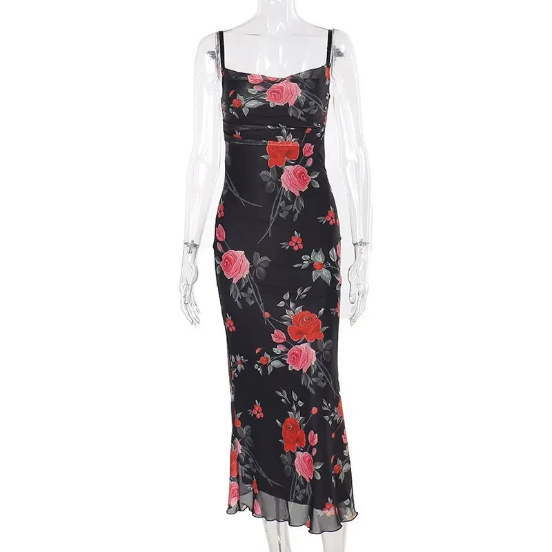 Elegant Summer Slim Sleeveless Backless Long Floral Dress for Women