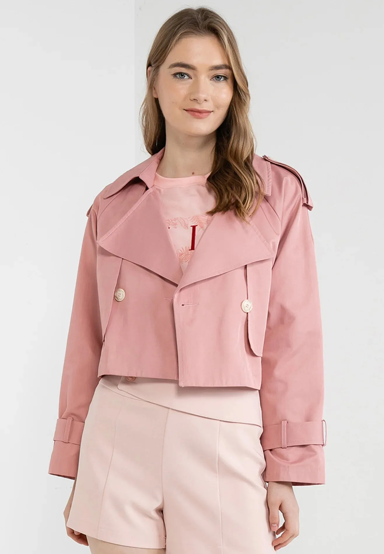 ELLE Apparel Buttoned Lapel Cropped Trenchcoat