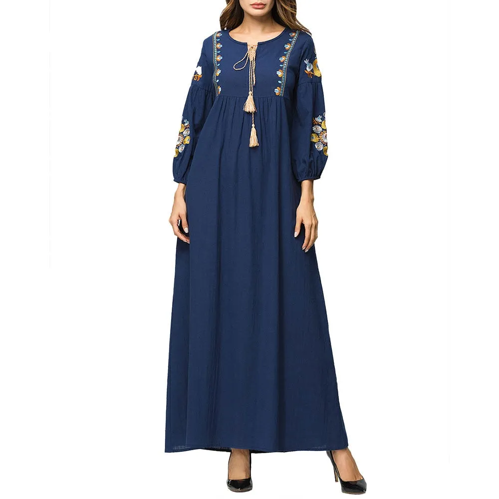 Embroidery Cotton Linen Muslim Abaya Stitching Long Robe Long Sleeved Kimono Loose Ramadan Arabic Turkish Islamic Clothing Dress