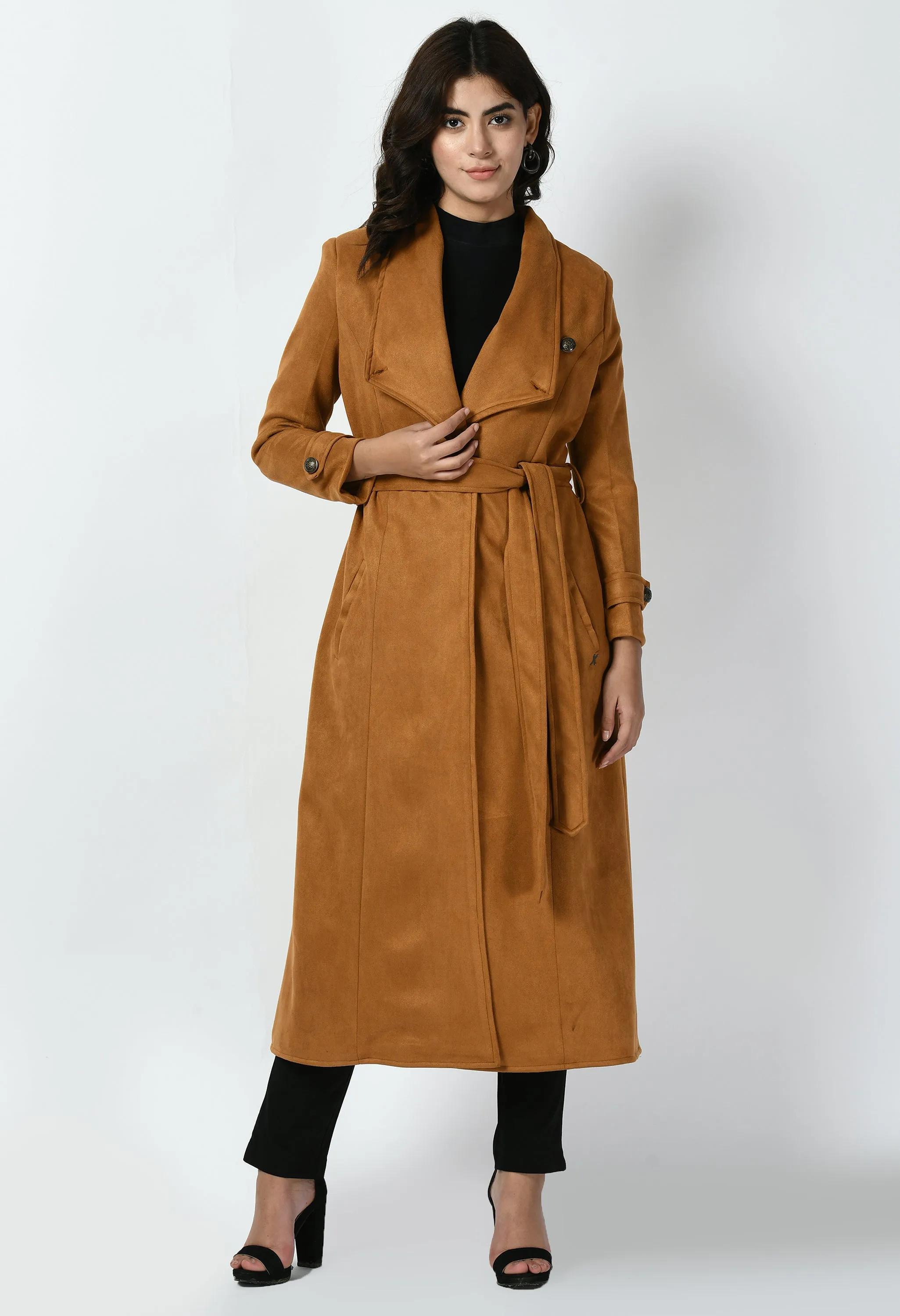 Exude Dedication Suede Leather Long Wrap Coat (Tan Brown)