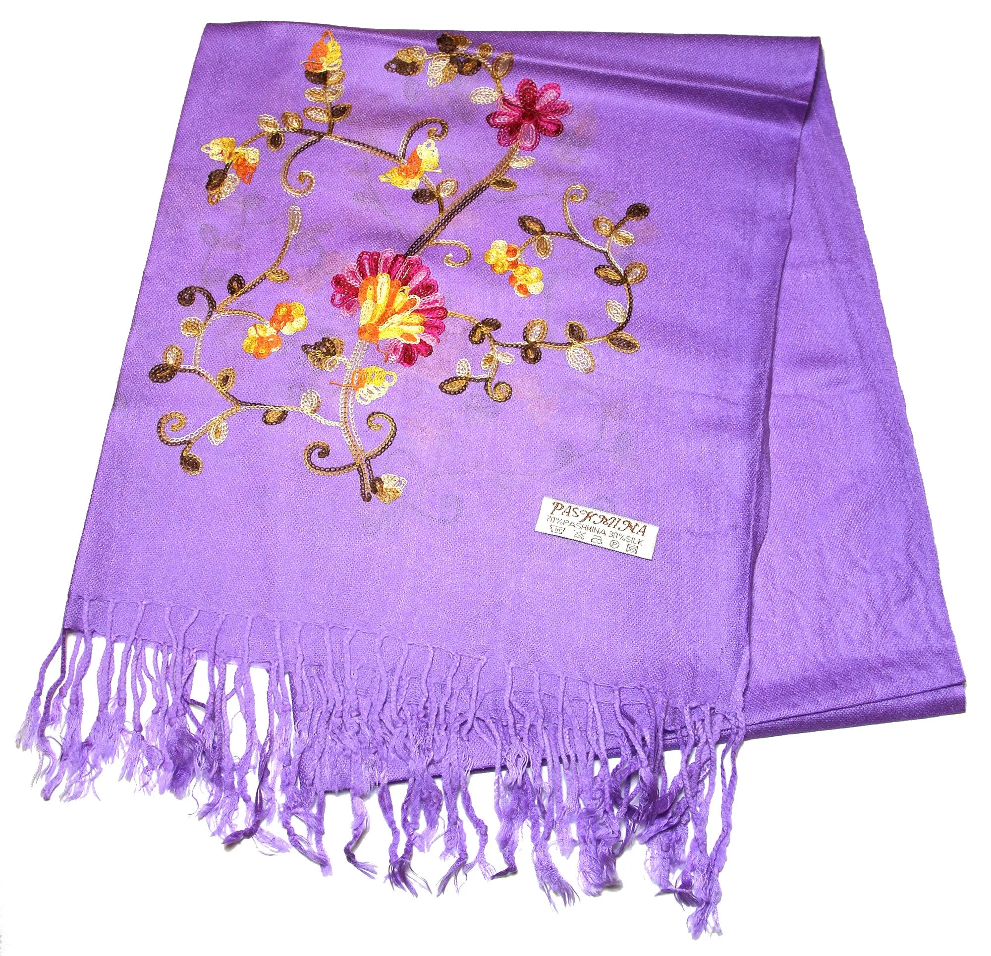 Fair Trade Hand Made Nepal Pashmina Scarf Shawl Embroidered Purple