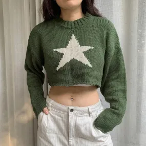 Fairycore Green Star Raglan Sleeve Autumn Sweater Women Knitted Pullover Crop Knit Vintage Harajuku Cute Jumpers Tops