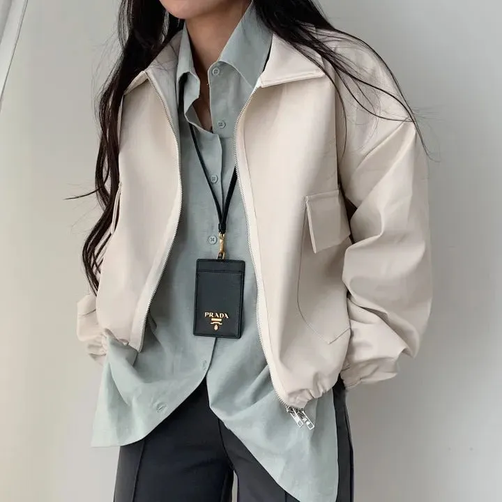 Fashionkova business casual outfits Chic Autumn Niche Lapel Double Open Zipper Design Large Pocket Loose Leather Coat for Women