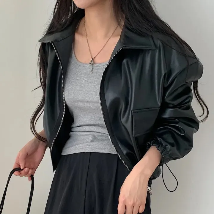 Fashionkova business casual outfits Chic Autumn Niche Lapel Double Open Zipper Design Large Pocket Loose Leather Coat for Women