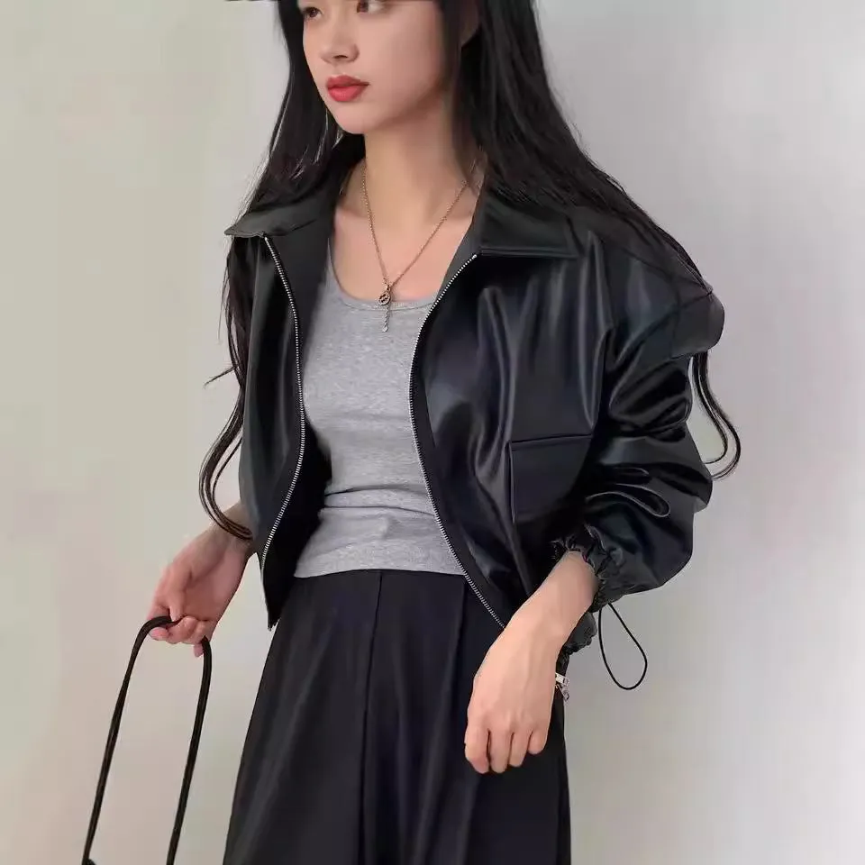 Fashionkova business casual outfits Chic Autumn Niche Lapel Double Open Zipper Design Large Pocket Loose Leather Coat for Women