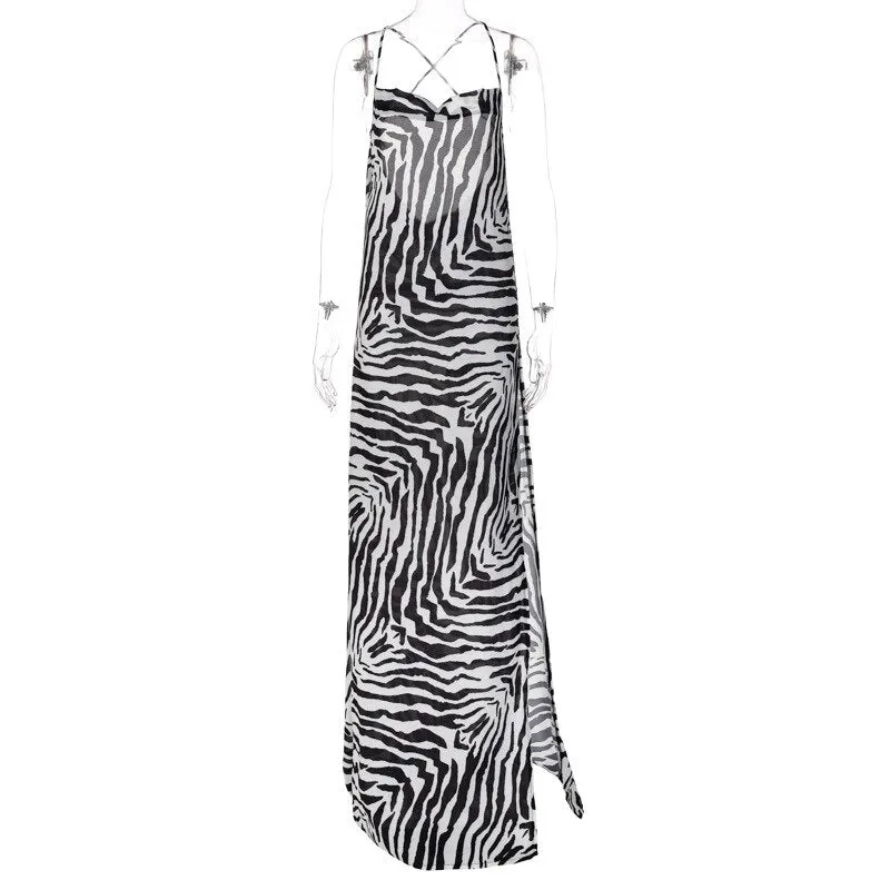 Fashionkova  Sexy Women Chain Strap Side Slit Maxi Dress Summer Leopard Print Backless Long Dresses Ladies Zebra Print Prom Dress Robe Longue