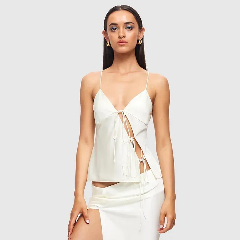 Female Satin Chic Tie Up Hollow Out Crop Top For Women Summer Spaghetti Strap Backless Slim Party Tank Tops Y2K Vest 20