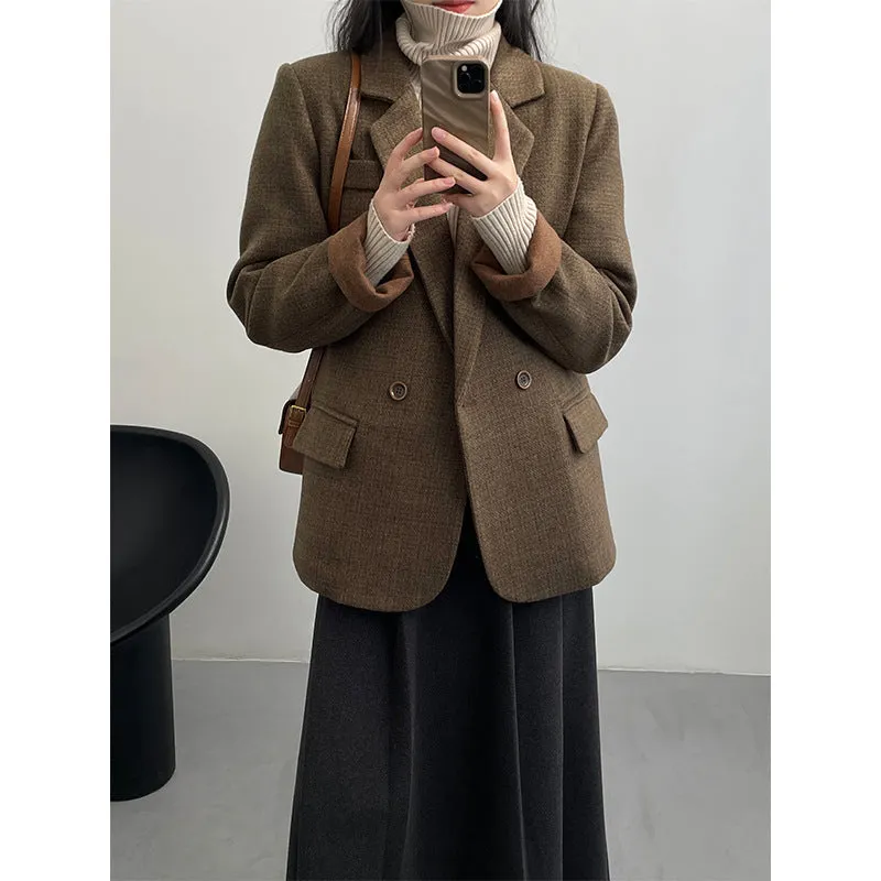 Flytonnshop fall outfits women Taochuan [down Liner] Retro Casual Woolen Suit Jacket Female Temperament Commuter Lapel Top 31077