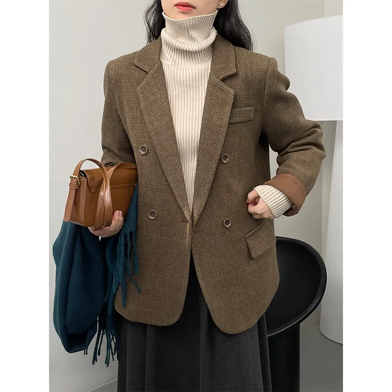 Flytonnshop fall outfits women Taochuan [down Liner] Retro Casual Woolen Suit Jacket Female Temperament Commuter Lapel Top 31077