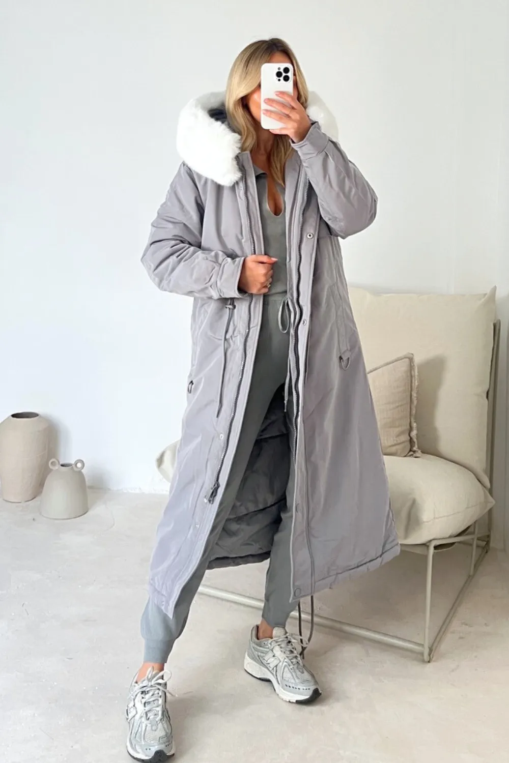 Freya grey hooded faux fur duvet coat