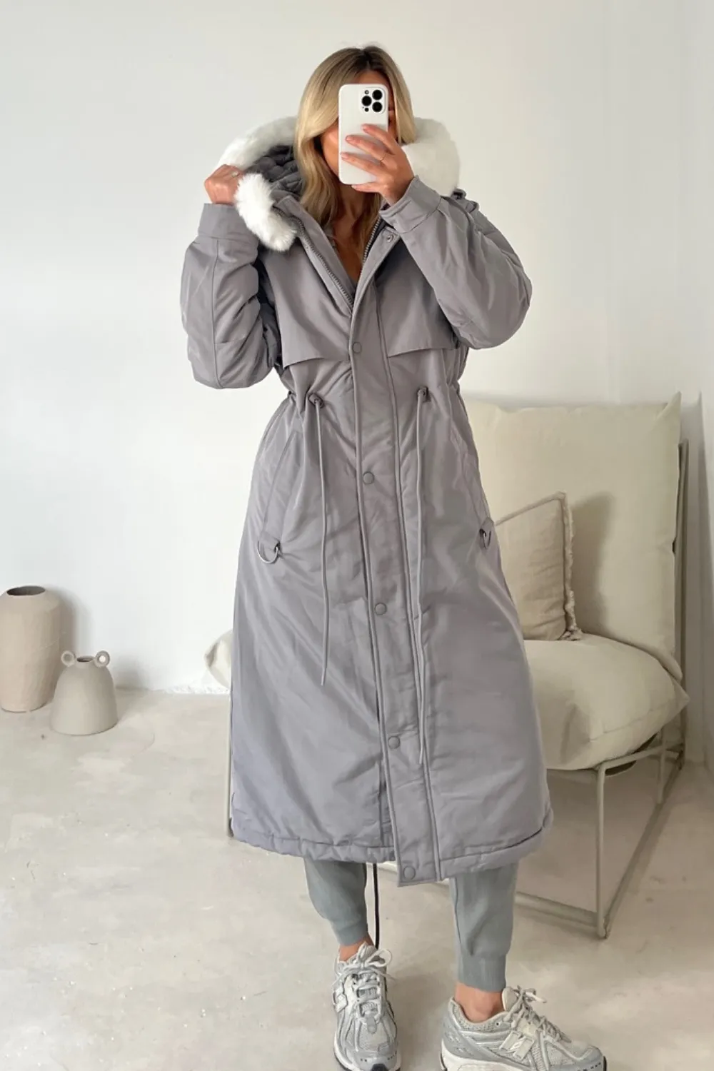 Freya grey hooded faux fur duvet coat