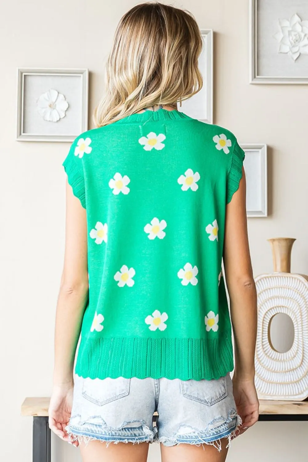 Full Size Flower Pattern Round Neck Sweater Vest