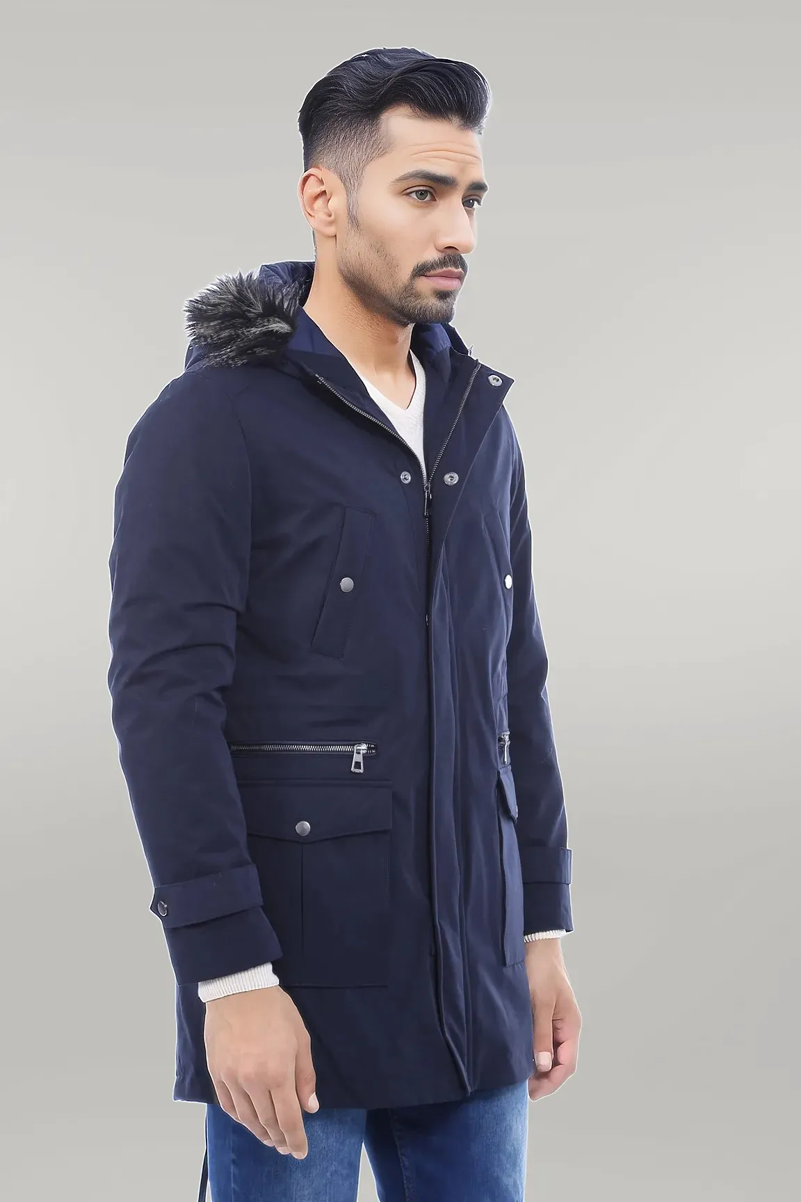 Fur Hooded Navy Blue Men Coat - Wessi