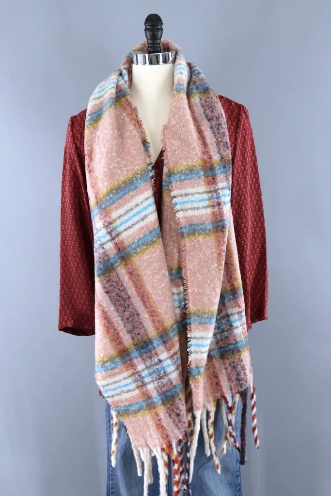 Fuzzy Wrap Shawl / Pink & Mustard Plaid