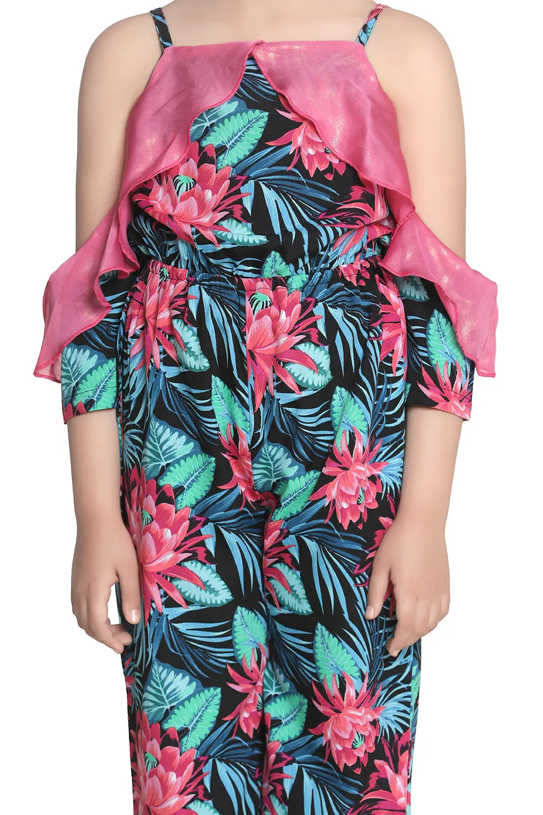 Girl's Floral Jumpsuit With Pink Off Shoulder Ruffle - StyleStone Kid