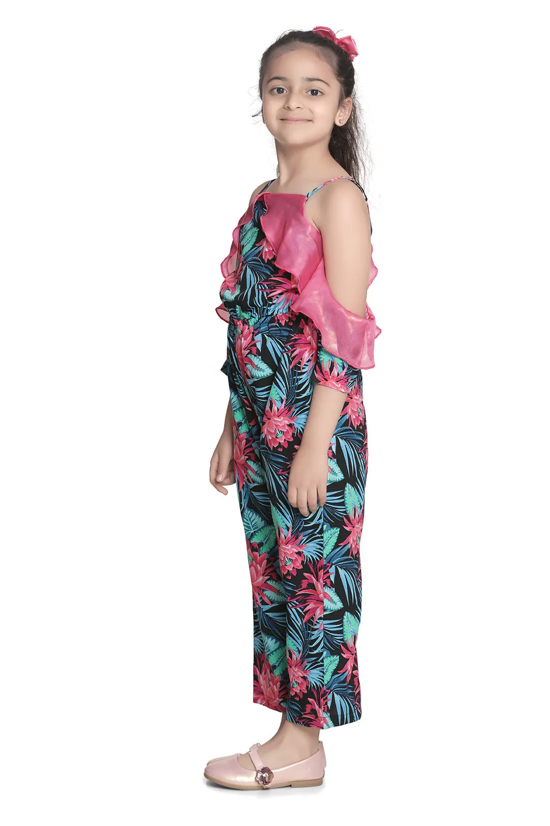 Girl's Floral Jumpsuit With Pink Off Shoulder Ruffle - StyleStone Kid