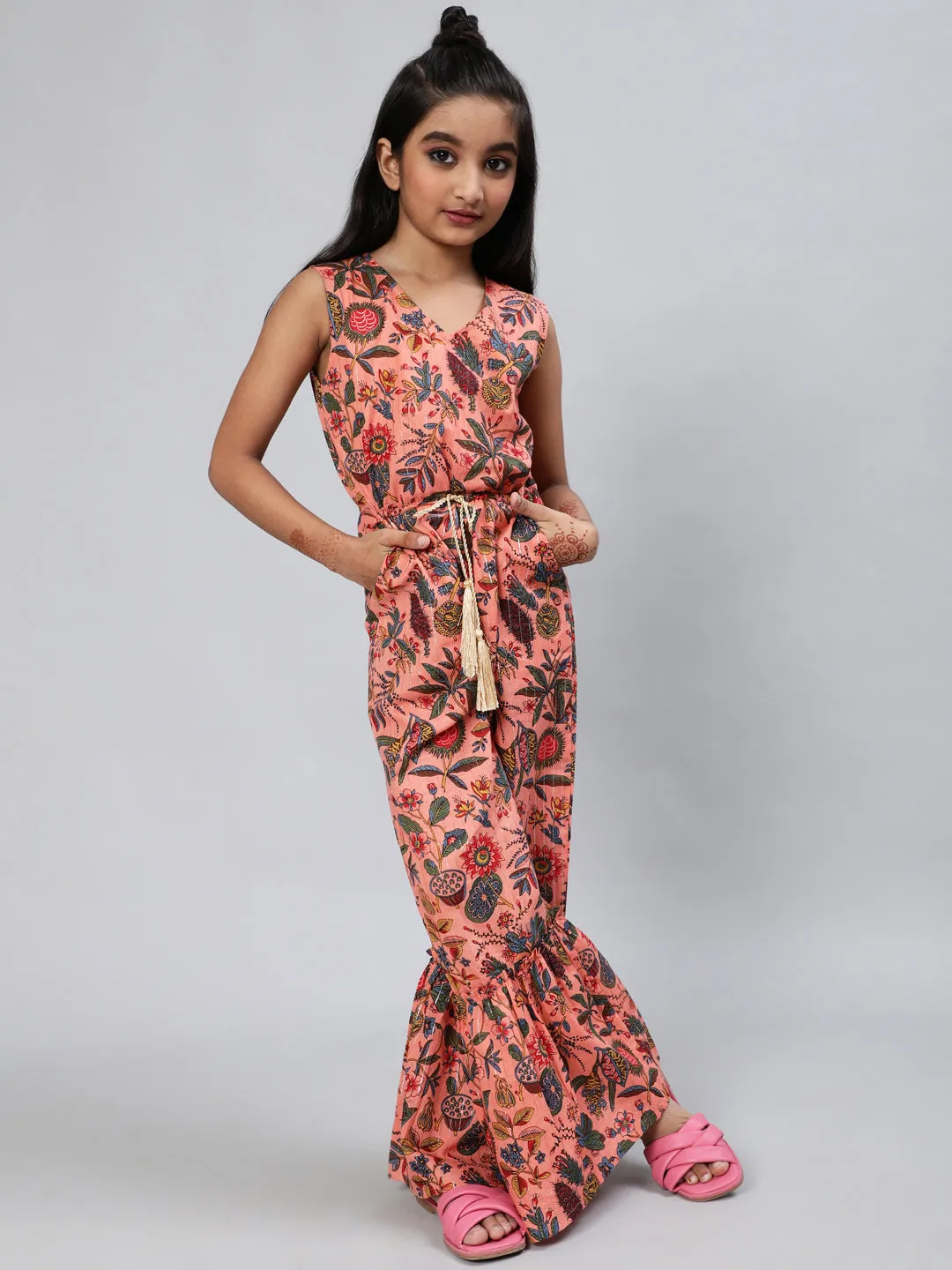 Girl's Peach Floral Print Jumpsuit - Aks Girls