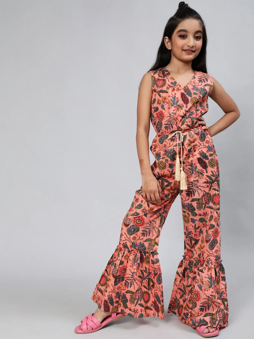 Girl's Peach Floral Print Jumpsuit - Aks Girls