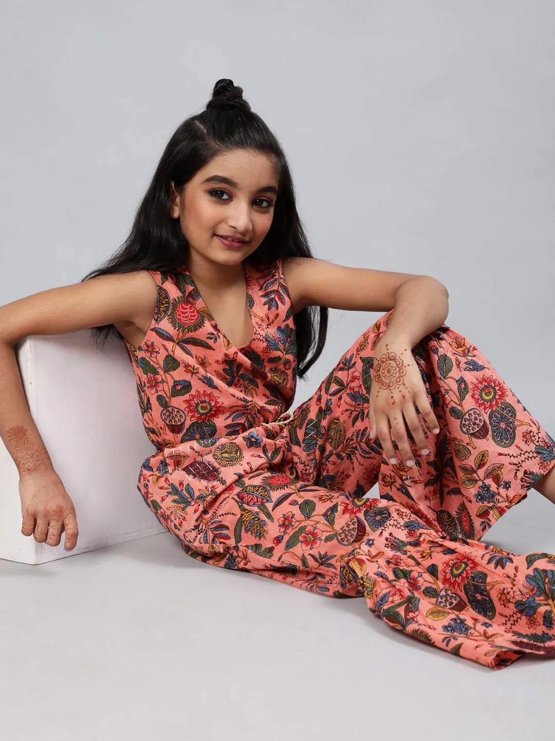 Girl's Peach Floral Print Jumpsuit - Aks Girls