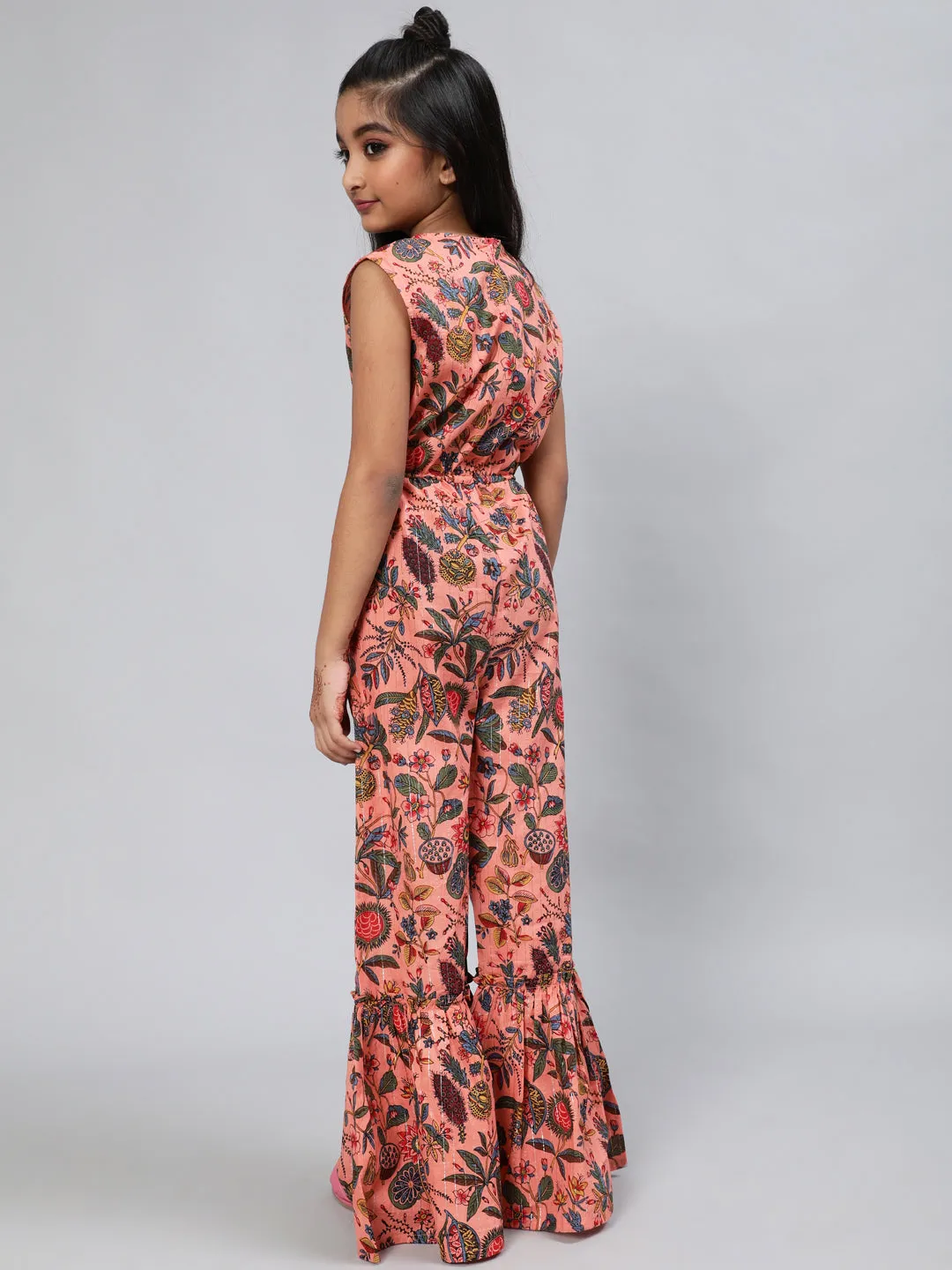 Girl's Peach Floral Print Jumpsuit - Aks Girls