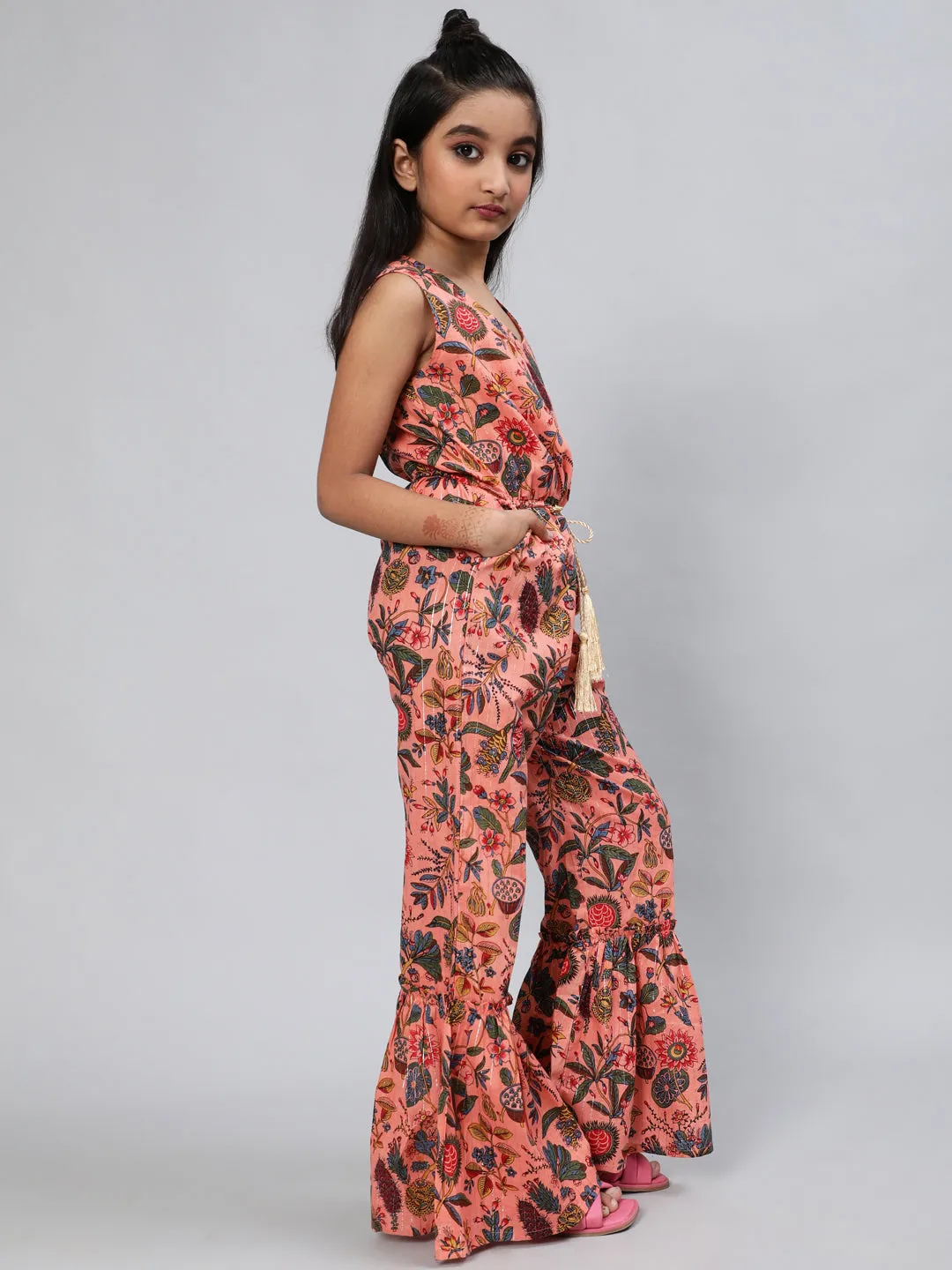 Girl's Peach Floral Print Jumpsuit - Aks Girls