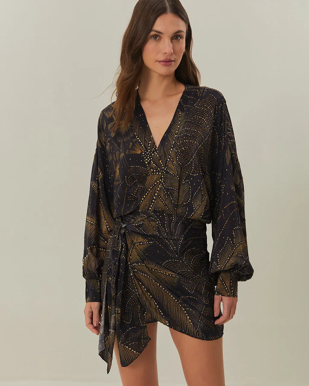 Golden Foliage Black Puffy Sleeve Mini Dress