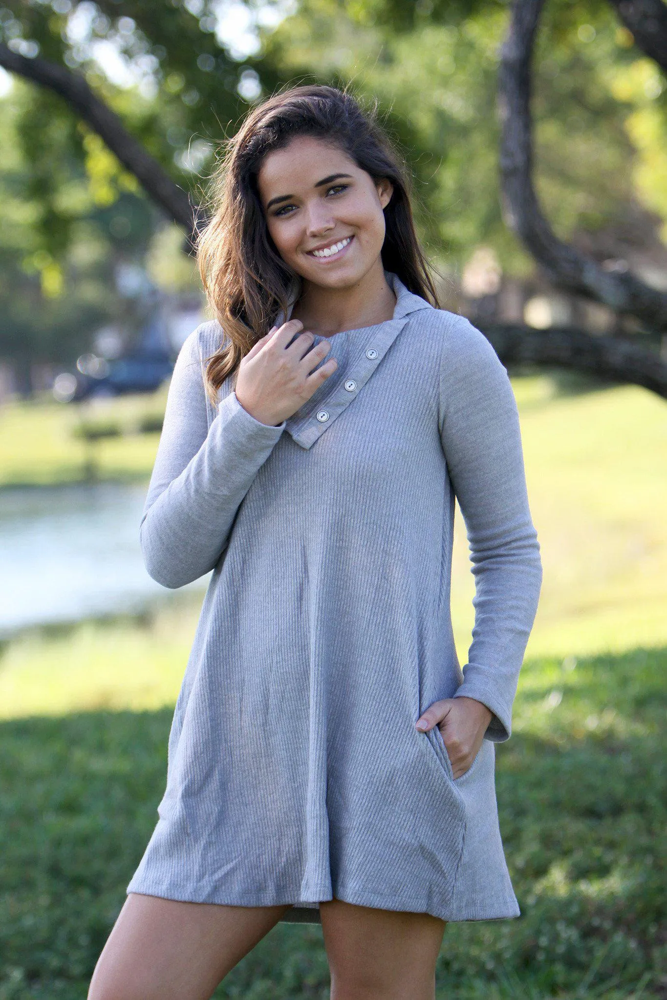 Gray Tunic Sweater with Buttons