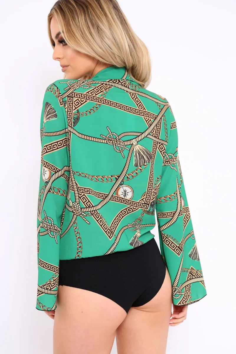 Green Rope Print Plunge Bodysuit - Jani