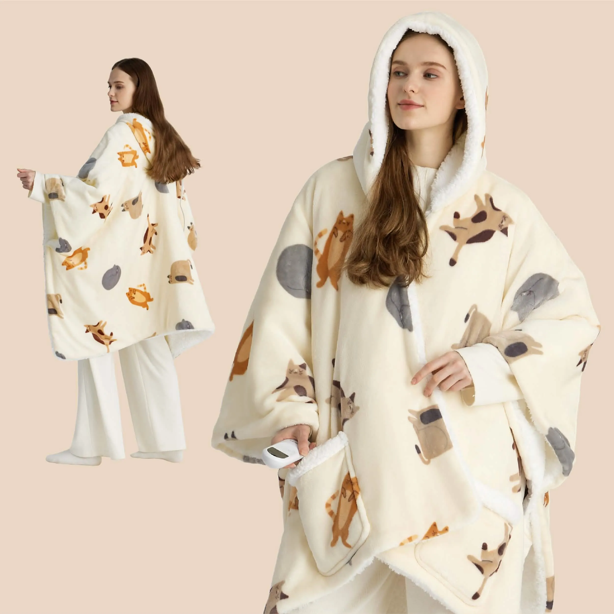 Heated Sherpa Fleece Blanket Hoddie Printed Cat