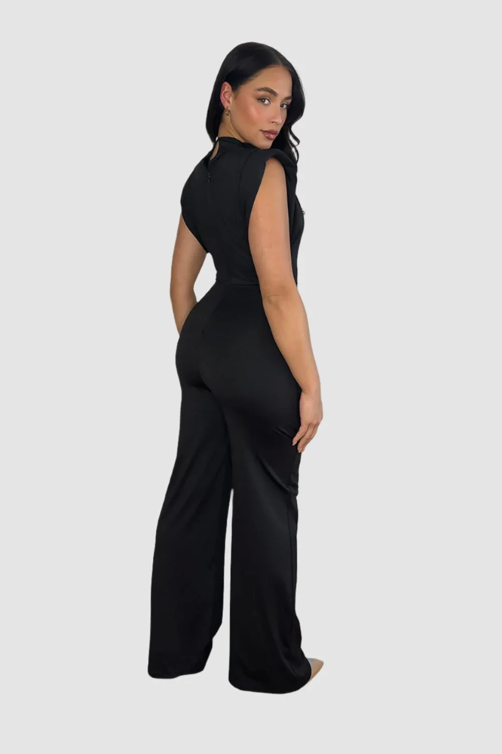 High Neck Short Sleeve Draped Jumpsuit