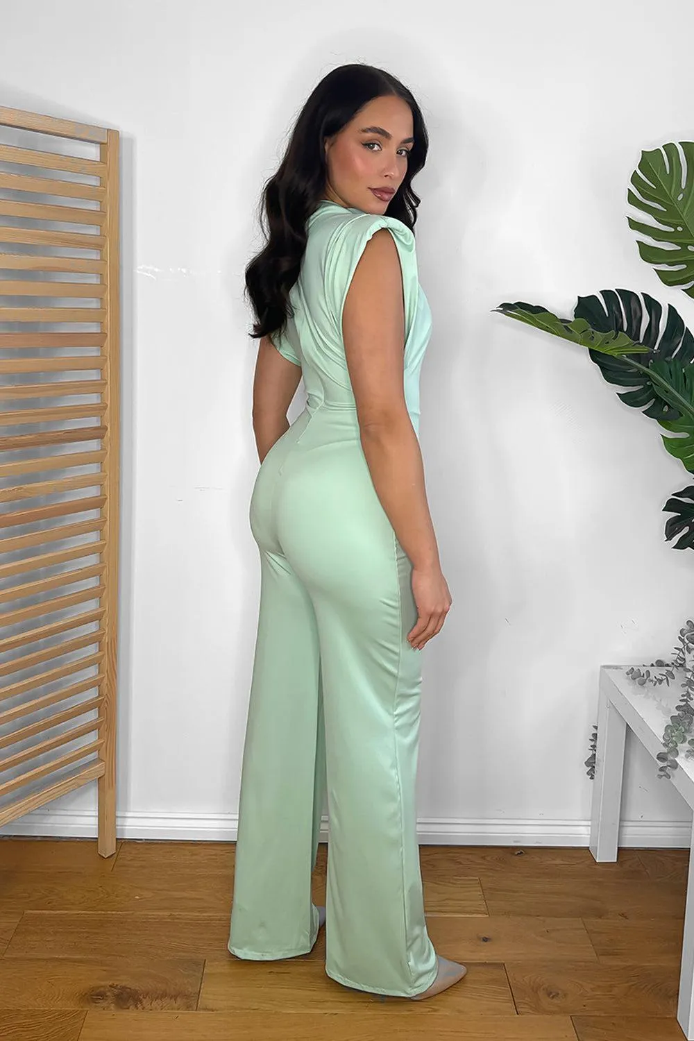 High Neck Short Sleeve Draped Jumpsuit