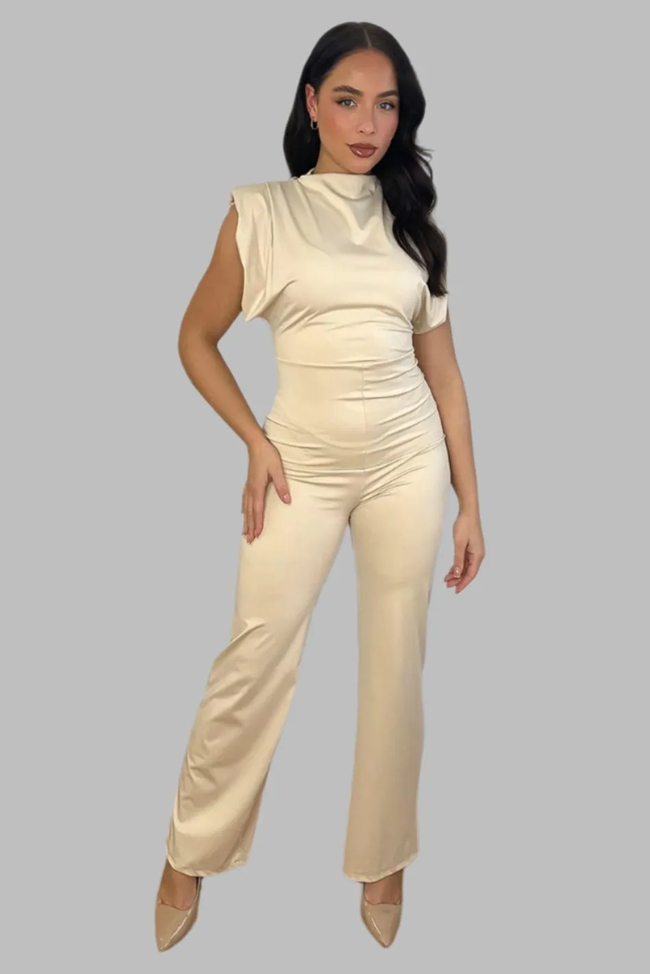 High Neck Short Sleeve Draped Jumpsuit