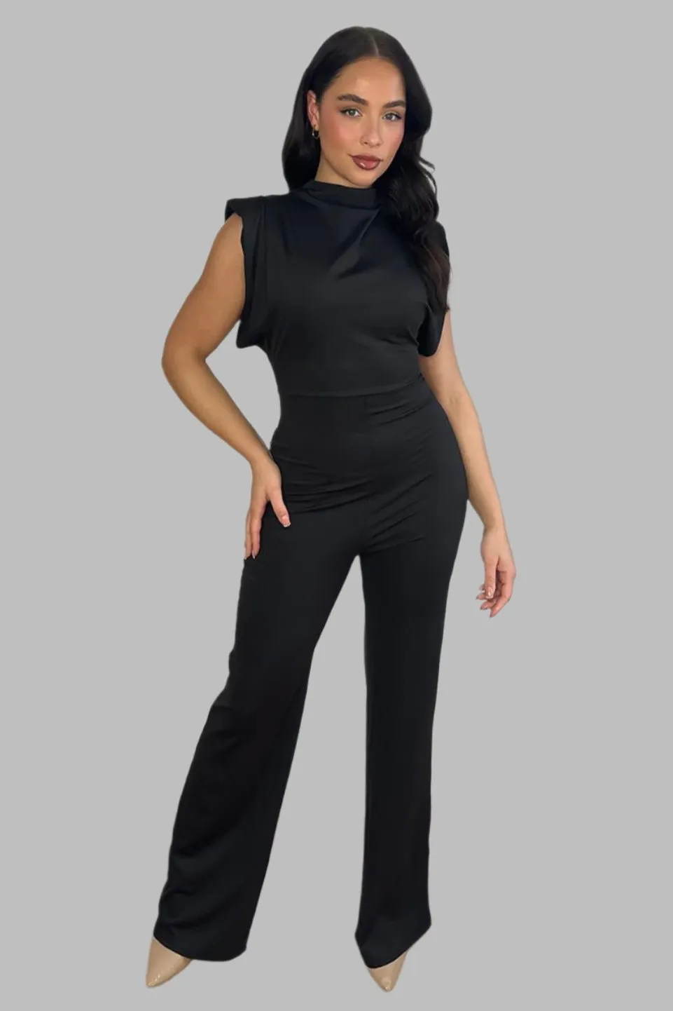 High Neck Short Sleeve Draped Jumpsuit